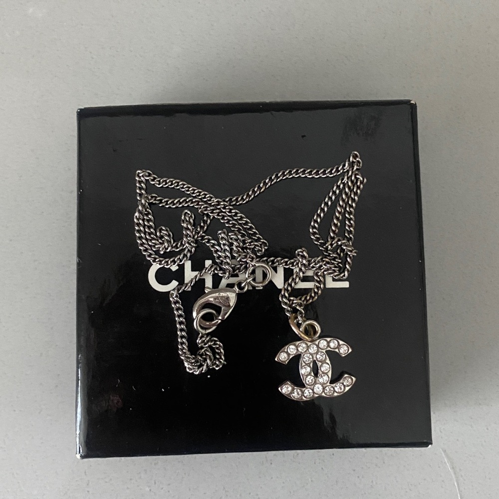 Chanel Crystal Timeless CC Necklace Silver